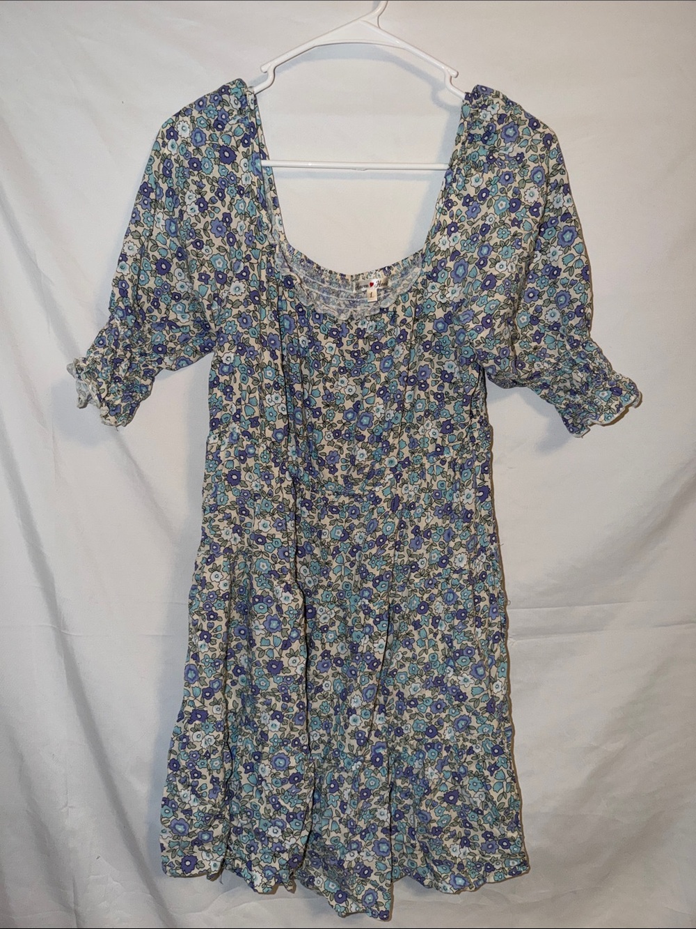 Blue Floral Puff-Sleeve Mini Dress